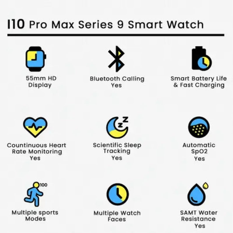 i10 Pro Max Smart Watch Series 9 – Bluetooth Calling, HD Display, Fitness & Health Tracker | Random Colors