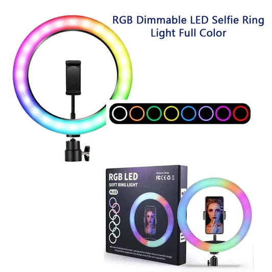 RGB LED Soft Ring Light MJ26 | 26cm (10.2”) | Dimmable with Tripod & Phone Holder, 360° Color Modes