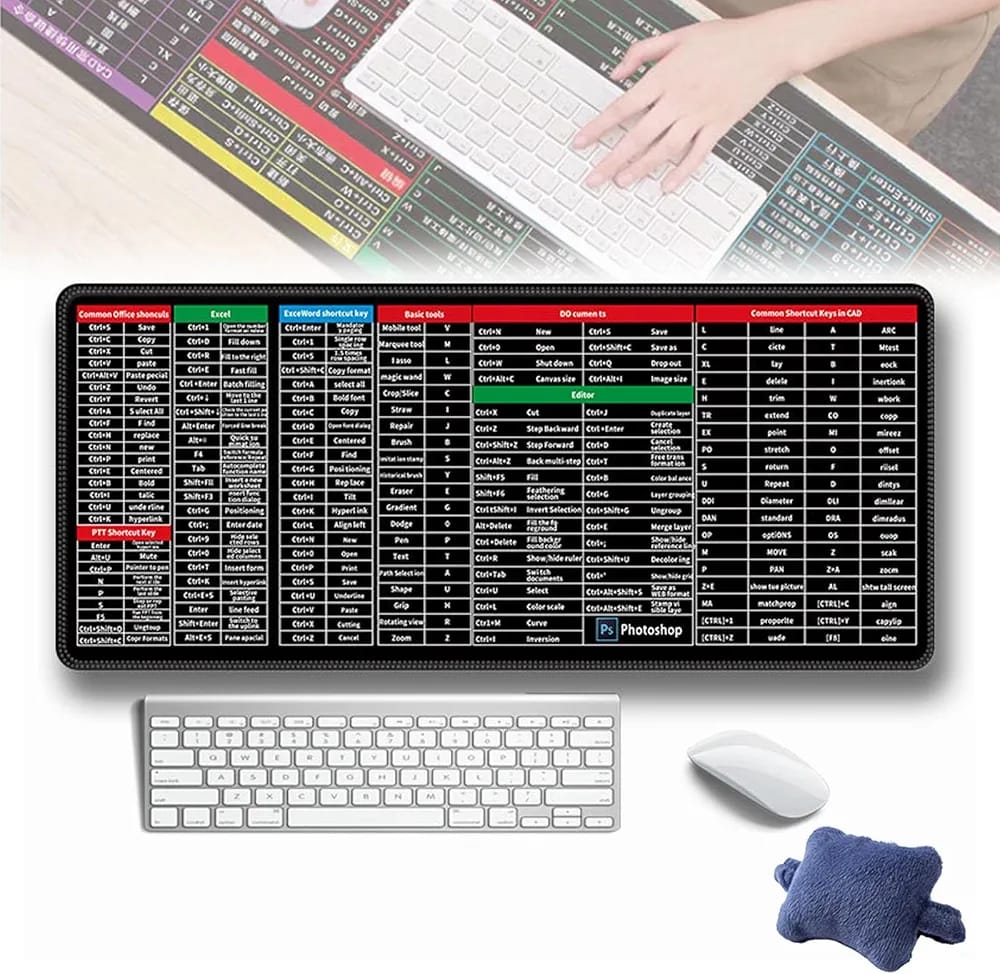 Large Excel Shortcut Keyboard & Mouse Pad & Table Mat (30×80cm) | Extended Non-Slip Desk Mat with Office Software Commands – Ideal for Work, Study & Gaming